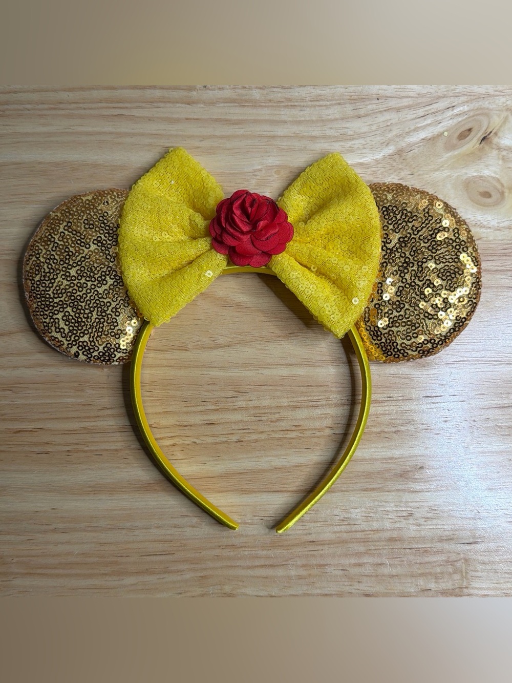 Yellow Sequin Mouse Ear Headband with Red Flower Bow
